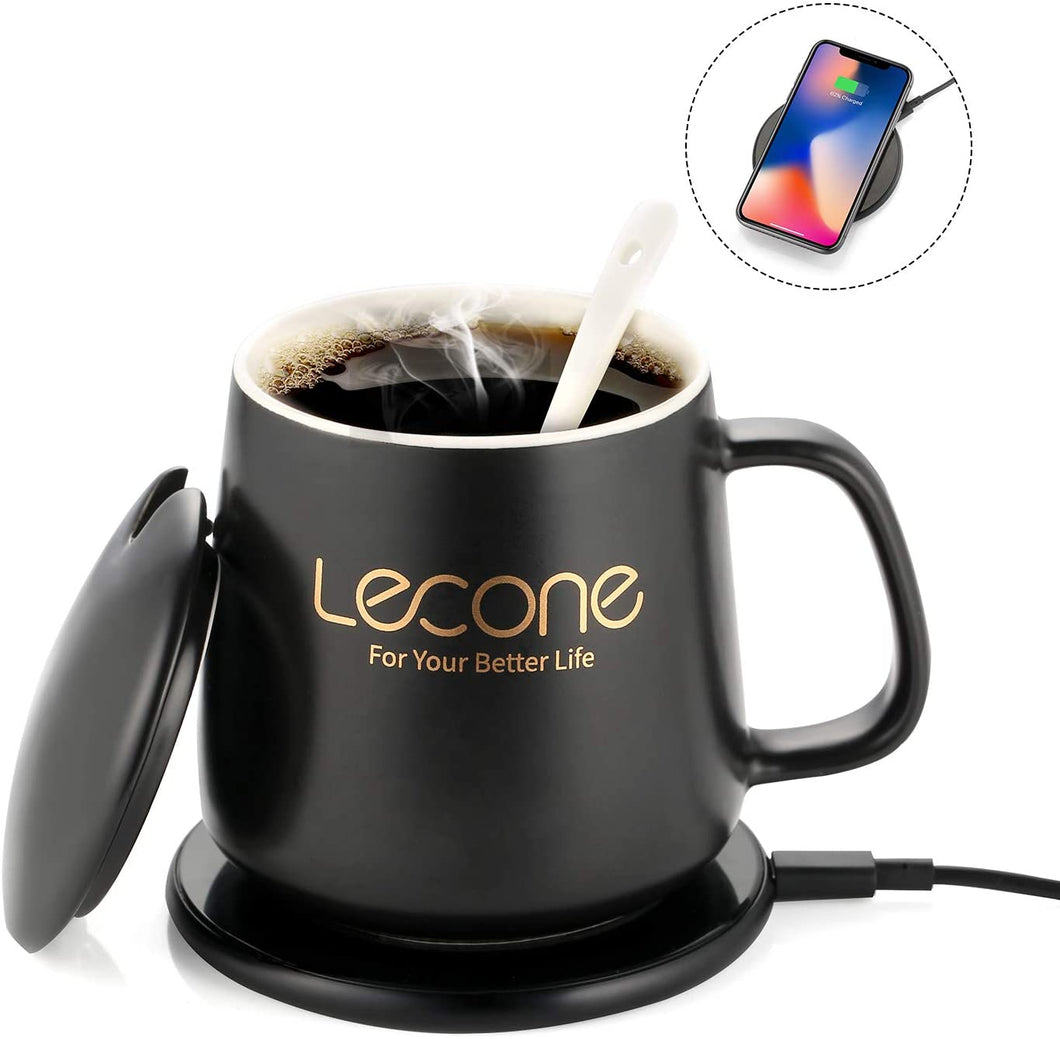 Lecone Coffee Mug Warmer with 15W Fast Wireless Charger Constant Temperature (131°F/55°C) for Office Home Use Compatible with iPhone 11/11 Pro/XR/Xs/X/8/8 Plus, Samsung S10/S9/S9+/S8/S8+/Note 10