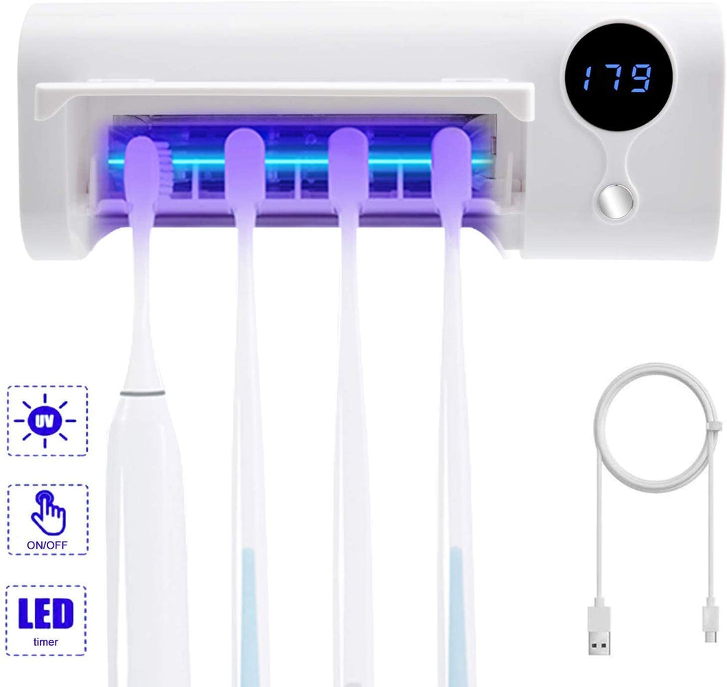 Lecone UV Toothbrush Sanitizer Wall Mounted Bathroom LED UV Toothbrush Organizer Timing Function 4 Slots for Family Ladies Men Baby Kids Bathroom