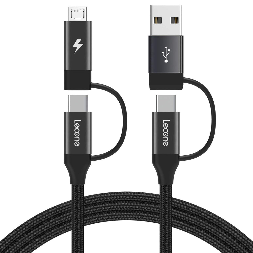 USB C Charging Cable, Lecone Micro USB Data Transfer 4 in 1 Multi Cable 2m/ 6.6FT Nylon Braided Cord Charger Adapter with USB C x2/Micro USB/USB Ports for Android and Type C Devices [Black]