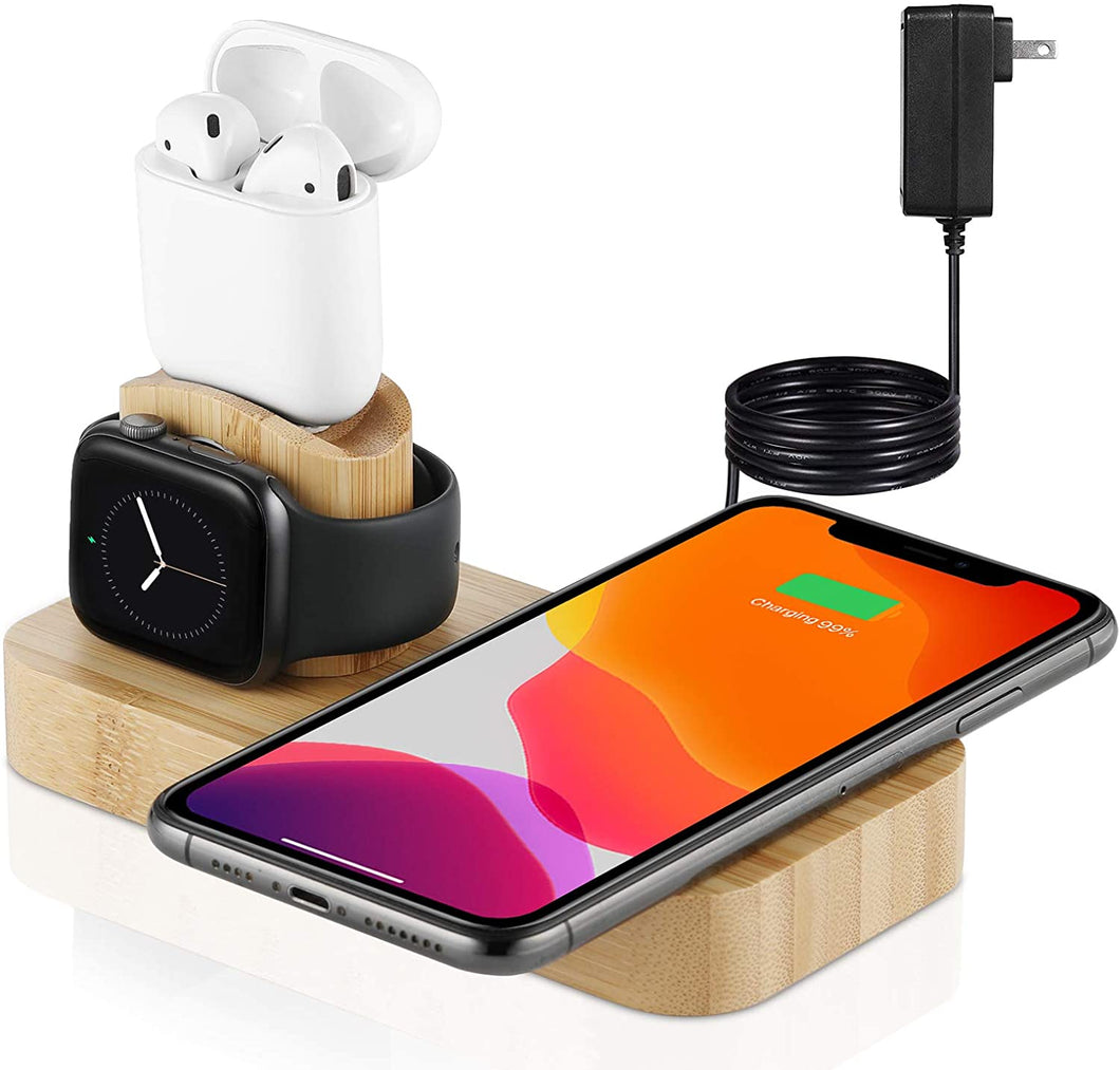 Veelink Bamboo Wireless Charger, 4 in 1 Qi-Certified Wireless Charging Station Compatible for AirPods Pro Apple Watch, Fast Wireless Charging Stand Dock