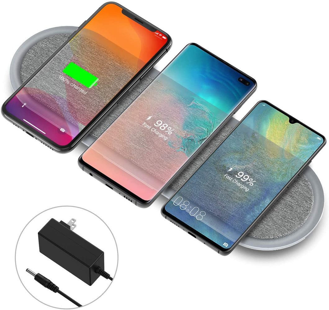 Wireless Charging Pad, Lecone Qi Certified Fabric Triple Wireless Charger with Two USB Ports for iPhone 11/11 Pro/11 Pro Max/XS Max/X, Samsung Galaxy Note 10/S20/S20+/S10 (Adapter Included)