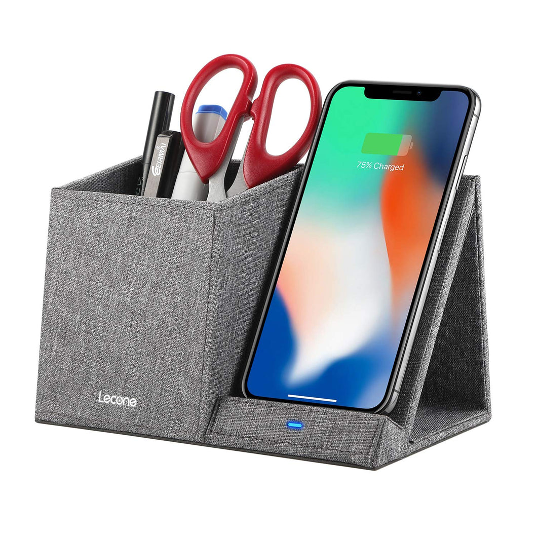 Lecone 10W Fast Wireless Charger with Desk Organizer Qi Certified Fabric Induction Charger Stand Pen Pencil Holder Compatible iPhone 11/Xs MAX/XR/XS/X/8/8, Samsung S10/S9/S9+/S8/S8+/Note 10, Grey